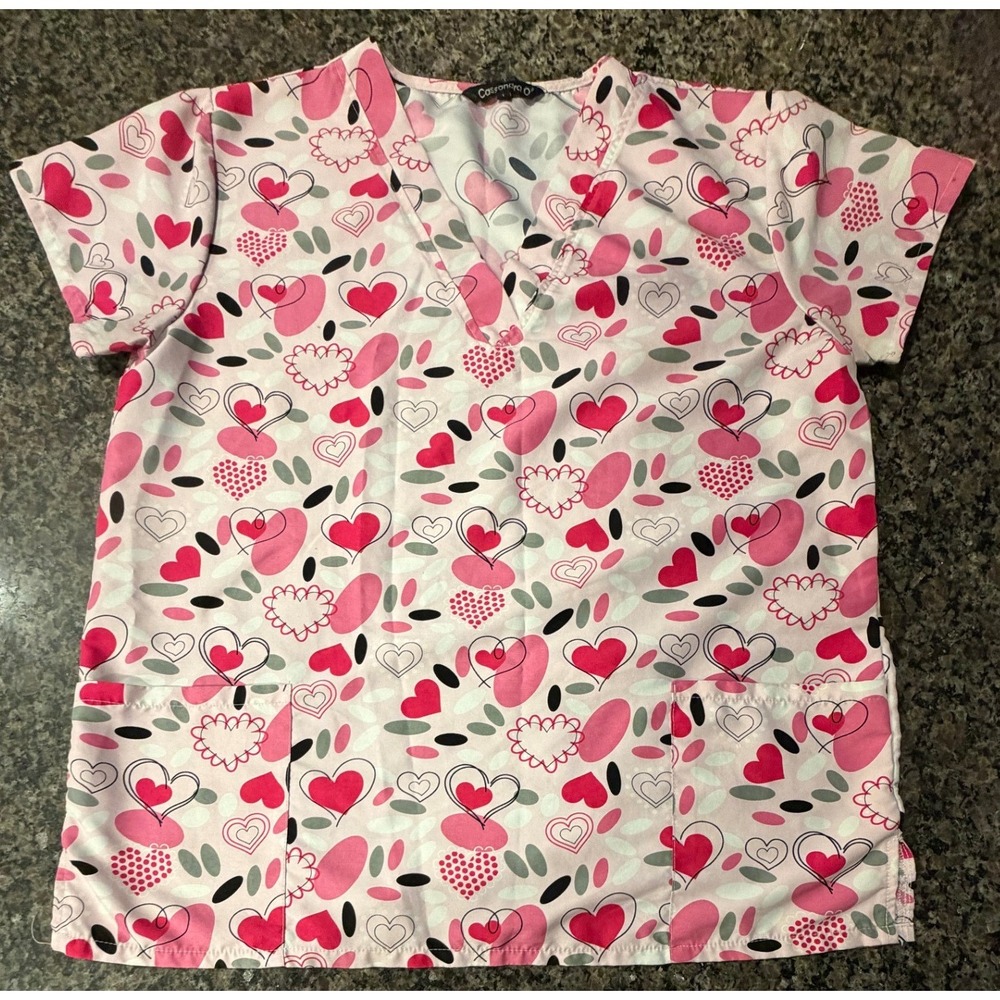 Cassandra O Hearts Print Scrub Top Pink Red V-Neck Medical Uniform Women XL